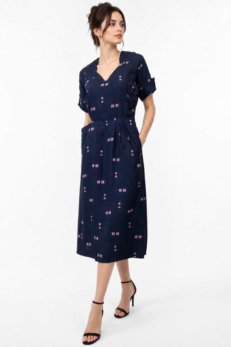 Vintage 1940s Navy Silk Day Dress WWII Atomic Print Cuffed Sleeves Pockets XS
